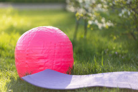 yoga mat on a green lawn. Bright colors. Front view. Concept fitness outside, sport, healthy lifestyle, quarantine, home gym. Sunny day. Copy space. Nobodyの写真素材