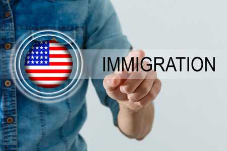 usa flag and inscription immigration, virtual buttonの写真素材