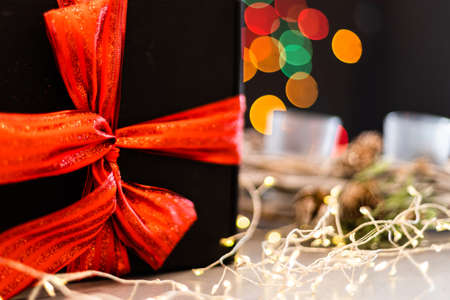 Christmas background with festive decoration, garland. Christmas background with copyspaceの写真素材