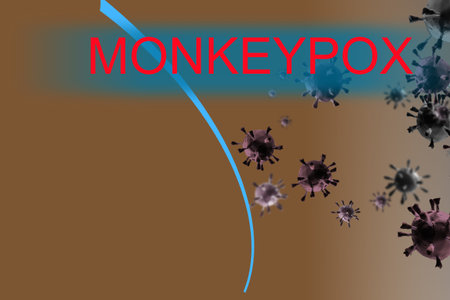 Monkeypox virus symbol. Concept words Monkeypox virus on white note. Doctor hand in blue glove with...