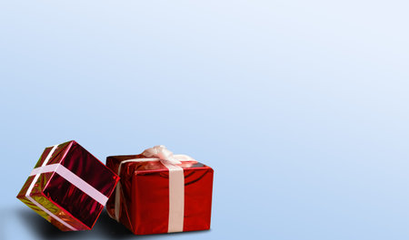 present with red ribbon on the blue background. Festive backdrop for holidays: Birthday, Valentines...