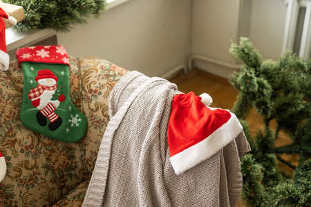 Beautiful christmas background. Christmas tree and Christmas socks. christmas preparationの写真素材