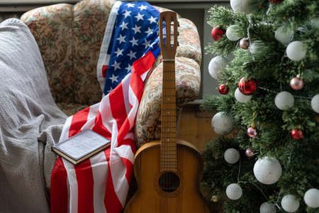 American flag and christmas tree background.の写真素材