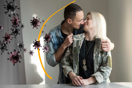 Cheerful young man in camouflage uniform soldierprotected from the virus by a dome, military man, copy spaceの写真素材