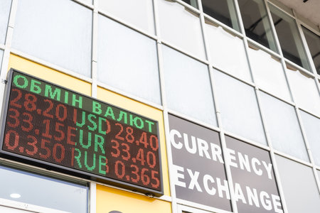 Kyiv or Kiev, Ukraine - February 11 2020: Exchange rate currency on LED digital board for business money conceptのeditorial素材