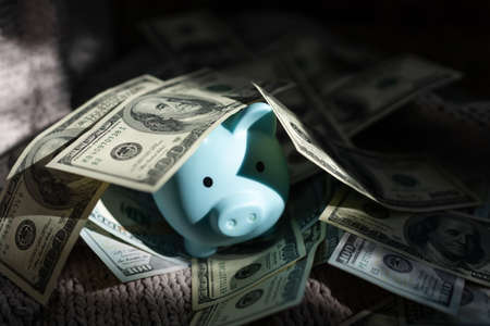 business, finance, investment, saving and corruption concept - close up of dollar cash money and piggy bank on tableの写真素材