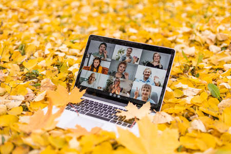 laptop with videoconference stands in the autumn parkの写真素材