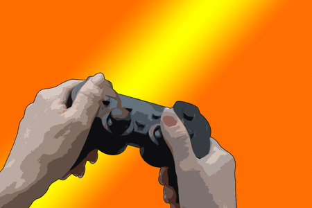 Hands holding wireless gamepad, controller, end of game, game over, red joystick. Isolated flat...