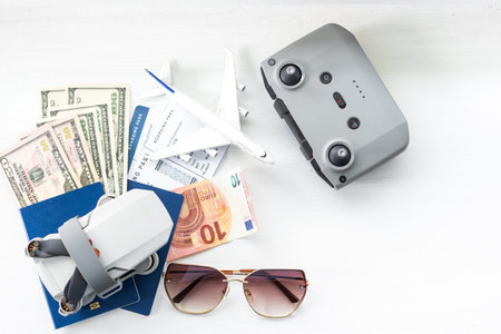 Travel objects and accessories on white, Hi tech gadgets for vacation travel Vlogger and blogger...