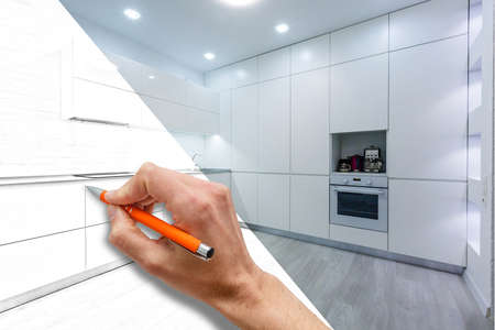 Before and after renovation modern office interior sketch. Repairs concept.の写真素材