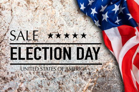 National holidays of United States of America. election day sale with flag of the USA on blue...