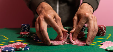 Happy poker player winning and holding cards.の写真素材