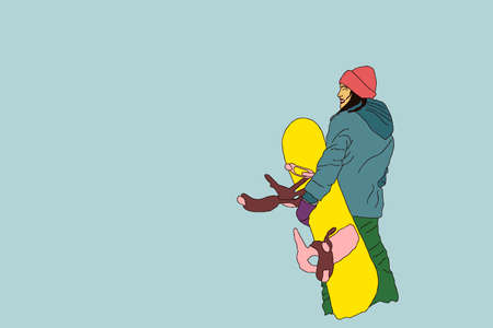 Vector cartoon snowboarder jumping. Young woman or girl on snowboard. flat winter. Flat vector illustration in cartoon style. sport.のイラスト素材