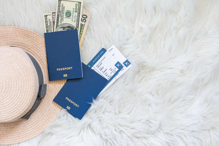travel and tourism concept, flat lay with passport, panama hatの写真素材