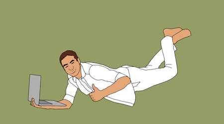 Business Man Hold Colleague With Wings Flying In Sky Using Laptop Computer Chatting Online Flat Vector Illustrationのイラスト素材