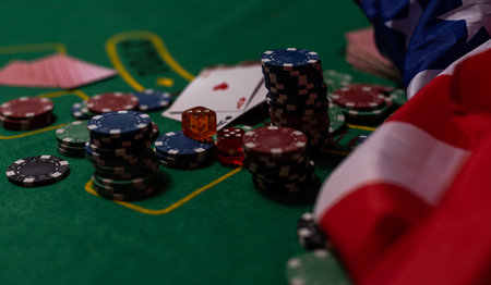 poker chips, usa flag on blackjack tableの写真素材