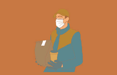 Smiling delivery man in blue uniform holding a package box - flat vector illustration.のイラスト素材