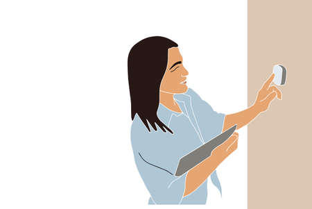 Portrait of woman using smart home device to change temperature. Vector illustration in pastel tonesのイラスト素材