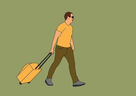 Young male traveler in hat with a laggage on the background. Traveling concept. Vector illustration in flat cartoon styleのイラスト素材