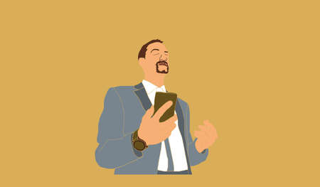 Full length portrait of a stylish man walking with a smart phone and coffee on a backgroundのイラスト素材