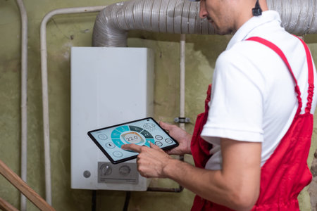 The technician checking the heating system in the boiler room with tablet in hand.