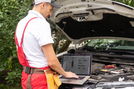 Mechanic with laptop near car engine. Modern car diagnostic program on screen. Car service concept