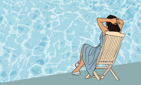 A long-haired girl in a swimsuit sunbathes in a deck chair, drawing in flat style, with white and...