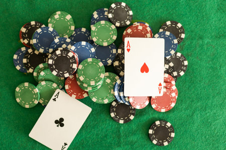playing chips and playing cards close-up. the view from the top