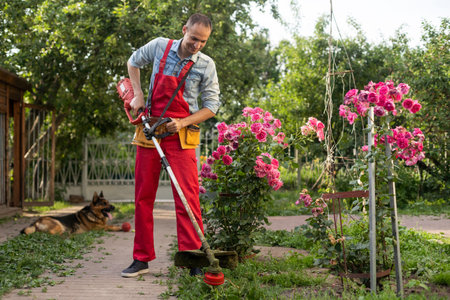 Mowing the grass with a lawn mower. Garden work concept background.