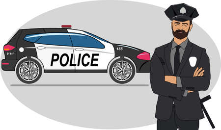 Set of police. Policeman in different poses and police car. Vector illustration in cartoon styleのイラスト素材