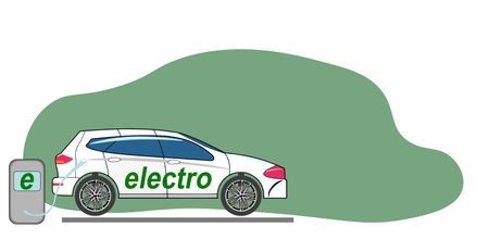 Flat vector illustration of a red electric car charging at the charger station. Electromobility e-motion concept.のイラスト素材