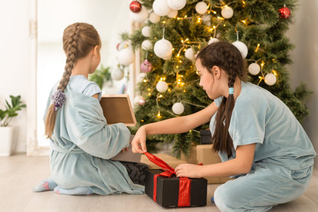 Two little girls open Christmas present under the Christmas tree