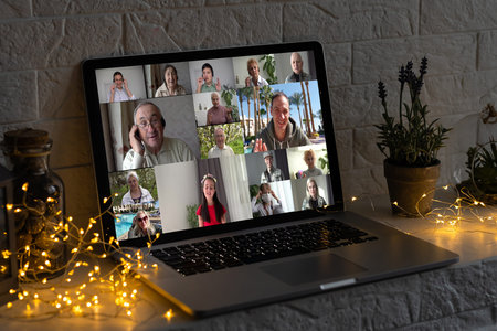 Remote Christmas video party. Family call celebrate New Year 2023 Online video conferencing. Virtual...