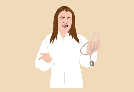 Female medicine worker, doctor vector illustration. Hand drawn card with medic with speech bubble. Hospital medical staff, paramedic, medical orderly, female nurse. Friendly cartoon characterのイラスト素材