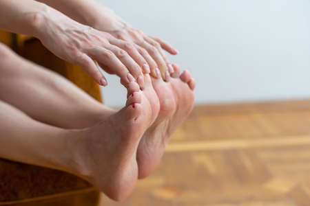 Female legs and hands, white backgroundの写真素材