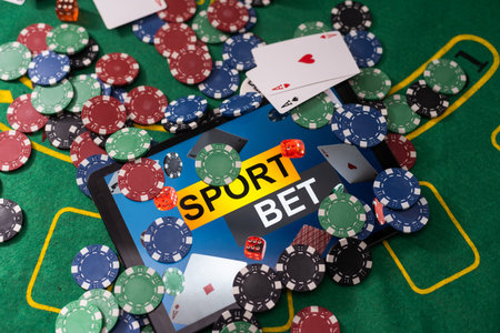 Gambling online casino Internet betting concept green screen. smartphone with poker chips, dice....