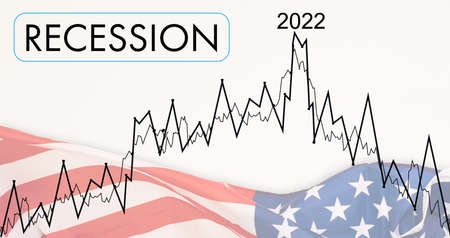 American USA flag with red arrow graph going down showing economy recession and shares fall. Crisis, USA economy concept. For topics like global economy, USA economy, banking, finance.の写真素材