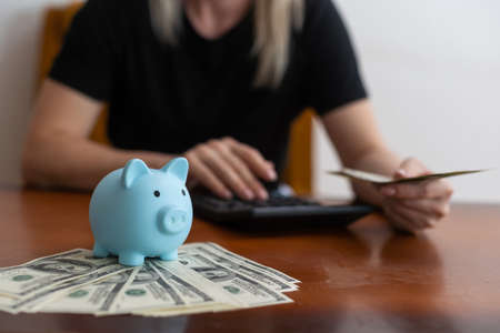 Womens hands hold dollars and put piggy banks to save money, expand successful businesses, and save for retirementの写真素材