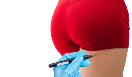 Doctor draws marks on the patients buttocks with marker for body shaping.
