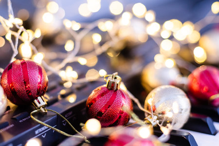 Piano with beautiful Christmas decor, closeup