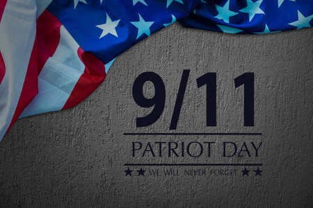 9 11 Memorial Illustration reading Never Forget with photograph of an american flag.の写真素材