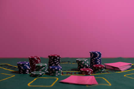 poker game concept on green tableの写真素材