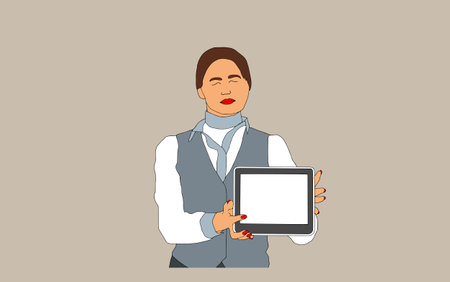 Portrait of smiling woman working on digital tablet. Vector illustration in pastel tonesのイラスト素材