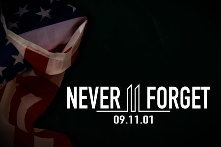 9.11 Patriot Day logo with Twin Towers on american flag. USA Patriot Day banner. September 11, 2001....