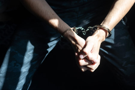 prisoner concept, Handcuffed hands of a prisoner in prison, Male prisoners were severely strained in...