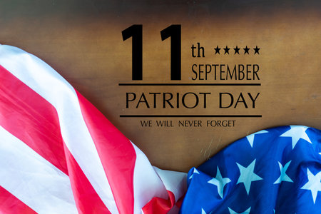 Patriot Day September 11 9 USA banner - United States flag, 911 memorial and Never Forget lettering...