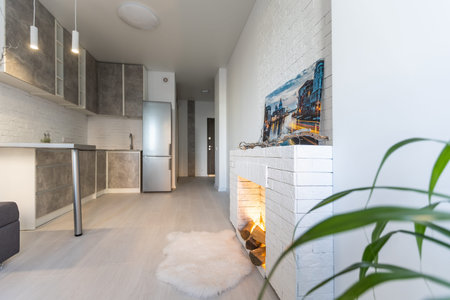 Cozy luxury modern interior design of a studio apartment in extra white colors with fashionable...