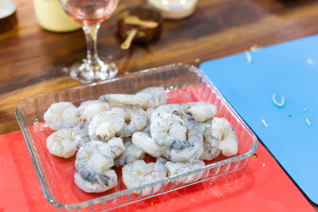 peeled raw prawns, shrimp, cookingの写真素材