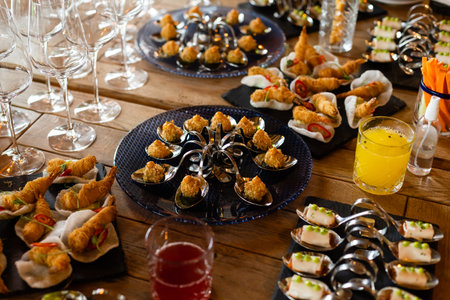 Seafood appetizers on spoon. snacks in spoons.