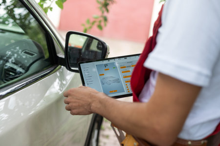 Close-up Of A Car Mechanic Using Digital Tablet